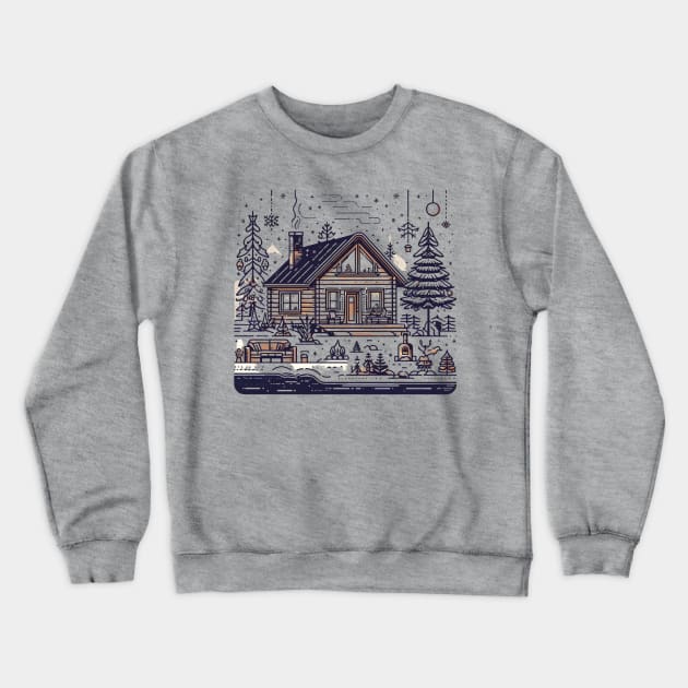 a warm and inviting cabin surrounded by a snowy landscape includes elements like a crackling fireplace, decorated Christmas tree, and perhaps a family or group of friends enjoying the holiday season inside. Crewneck Sweatshirt by maricetak
